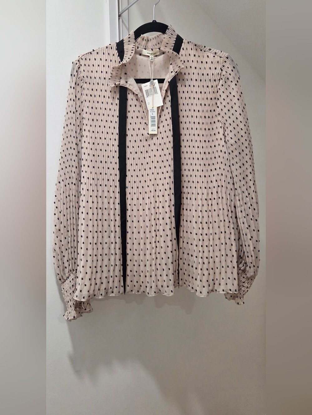 Max Studio Ivory Polka Dot Pleated Button-Down Blouse with Black Ties